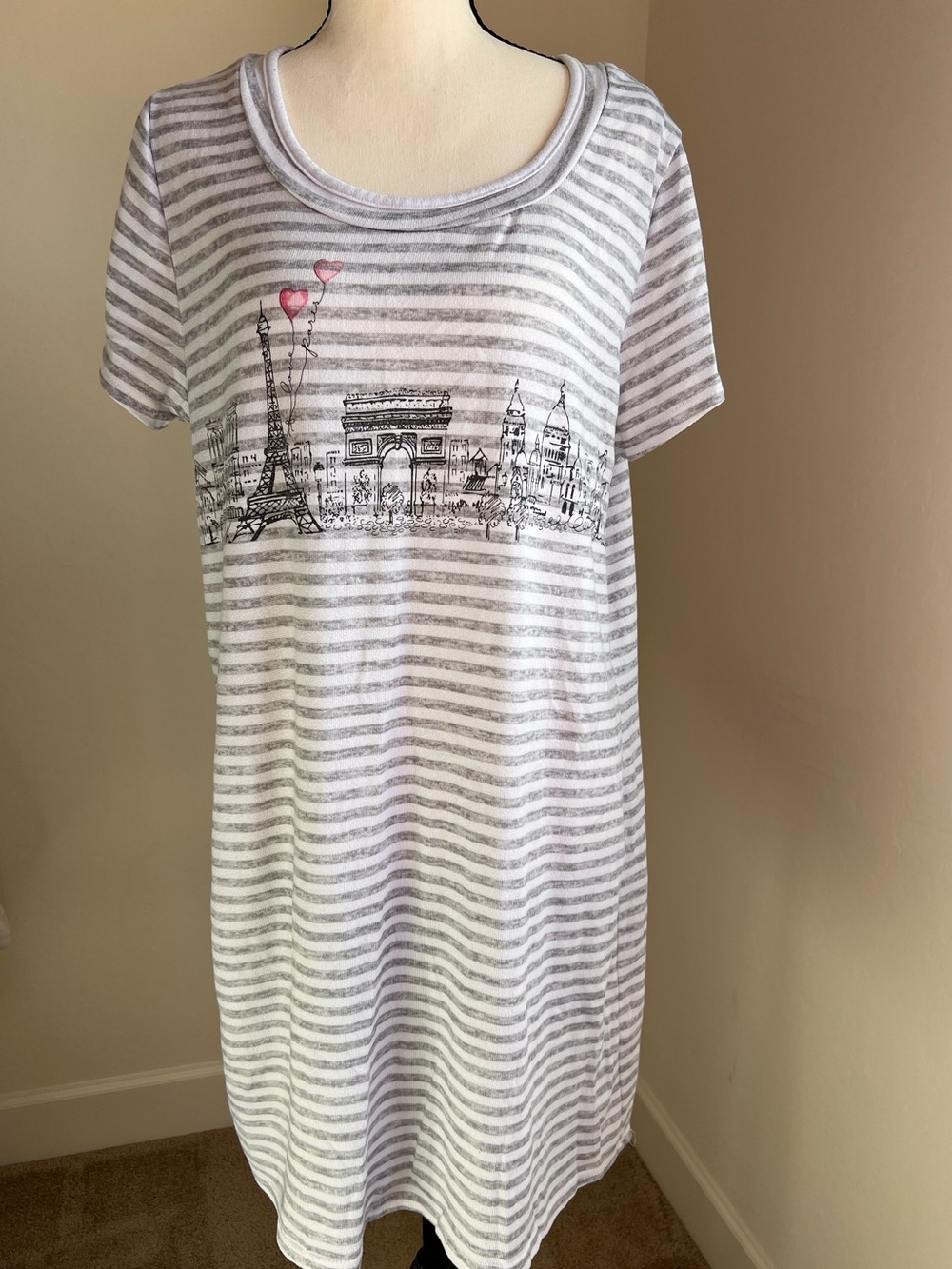 Laura Ashley Gray & White Striped Paris Nightshirt with Pink Heart Accents